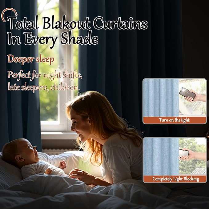 Baby Blue Linen Blackout Curtains for Nursery 45 Inch Length 2 Panels, Short Thermal Insulated Boho Total Black Out Noise Reducing Small Window Curtains for Kids Bedroom, Each 38 Inch Wide