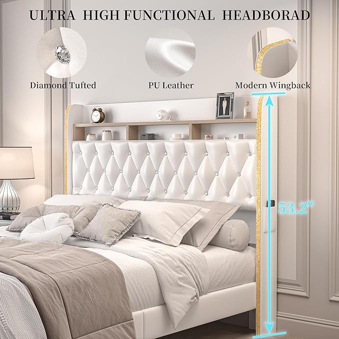 Queen LED Bed Frame with 2 Storage Drawers, PU Upholstered Platform Beds with Galaxy Star Projector Charging Station Speaker, Aurora Bedframe with 2-Tier Storage Headboard, Noise-Free, White