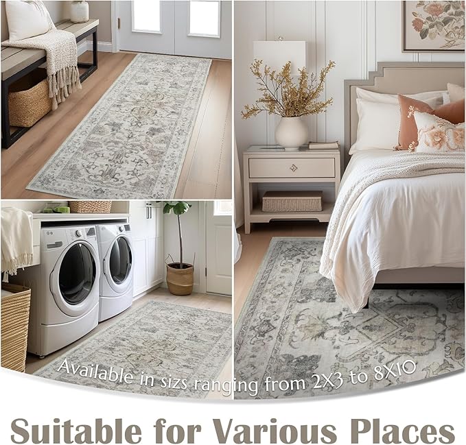 jinchan Hallway Runner Rug 2x8 Machine Washable - Vintage Floral Non-Slip Low-Pile Soft Ultra-Thin Faux Wool Kitchen Rug Distressed Carpet Runner for Farmhouse Bedroom Laundry Room (2x8ft, Taupe)