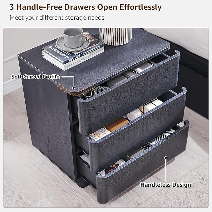 ACCOHOHO 22" Modern Nightstand with Charging Station, Push-to-Open Handleless 3 Drawers Bedside Table, Large End Table with Storage, Night Stand for Bedroom, Living Room, Curved Profile, Black