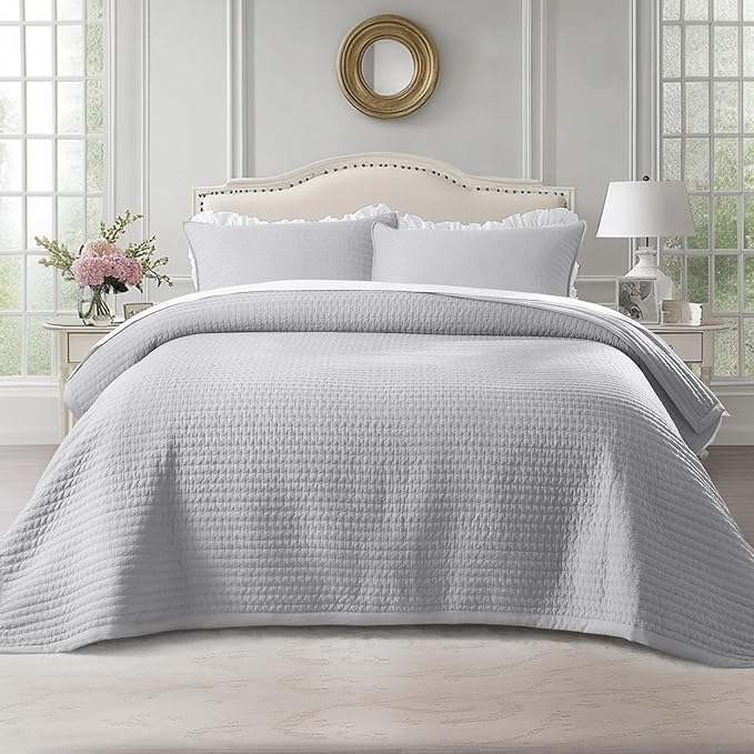 KASENTEX Twin Quilt Set 68"x86" – Soft Washed 3-Layer Lightweight Bedspread, Minimalist Nordic Design, All-Season Spring & Summer Quilt Set (1 Quilt + 2 Pillow Shams), Gull