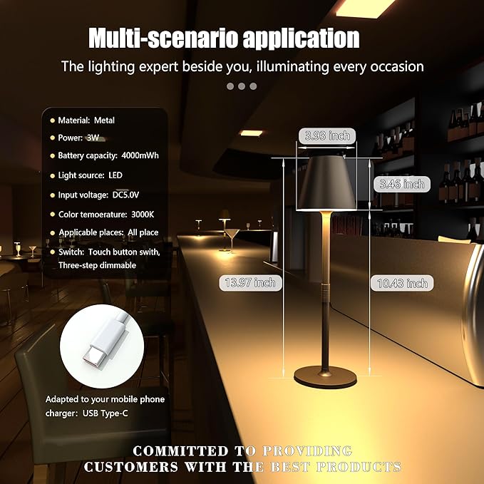 Modern LED Cordless Table Lamp, 4000mAh Rechargeable Battery, 3 Level Brightness Night Light, Metal Shell, Minimalist Design, for Couples Dinner/Coffee Table/Restaurant/Bedroom, Khaki