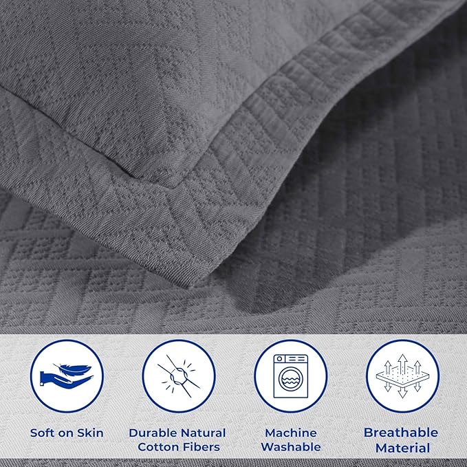 Superior 100% Cotton Basket Weave Bedspread with Shams, All-Season Premium Cotton Matelasse Jacquard Bedding, Quilted-Look Geometric Basket, Full, Grey