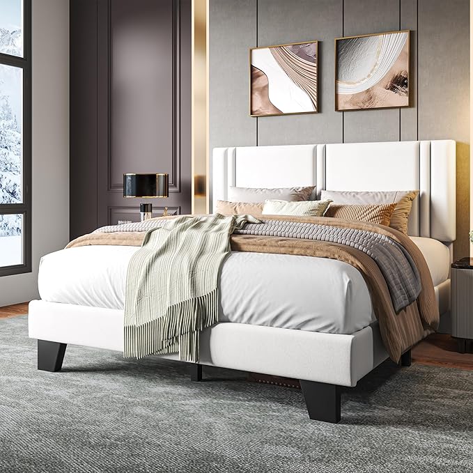 Upholstered Full Size Bed Frame with Velvet Fabric Headboard, Strong Wooden Slats Support, Noise Free, No Box Spring Needed, White