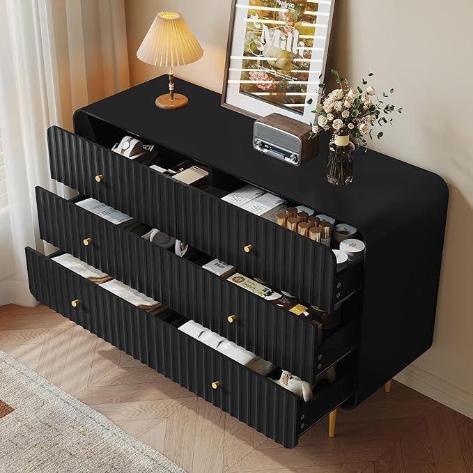 HLR Fluted 6 Drawers Dresser, 48'' Wide Modern Chest of Drawers with Gold Metal Handles,Dresser TV Stand, Wood Dressers & Chest of Drawers for Bedroom, Living Room, Hallway (Black)
