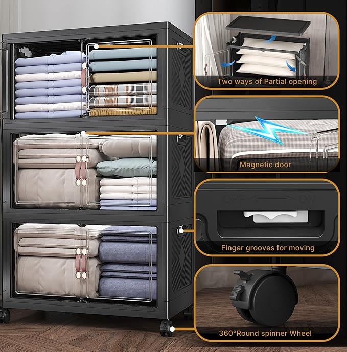 Extra Large Stackable Storage Bins with Lids&Wheels,375QT-125QT/32GAL*3Pack Collapsible Container Closet Organizers,Plastic Stackable Storage drawers for bedroom Dorm