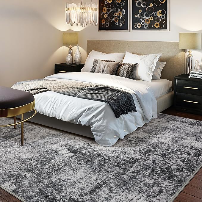Area Rug Living Room Rugs - 8x10 Large Soft Indoor Neutral Modern Abstract Low Pile Washable Rug Carpet for Bedroom Dining Room Farmhouse Home Office - Grey