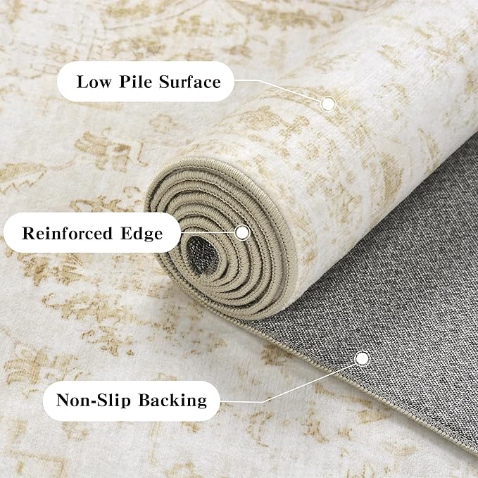 5x7 Vintage Washable Area Rugs Boho Medallion Large Distressed Retro Accent Carpet Floral Non-Slip Soft Low Pile Indoor Throw Rug for Living Room Bedroom Dining Room Office Kitchen, Beige