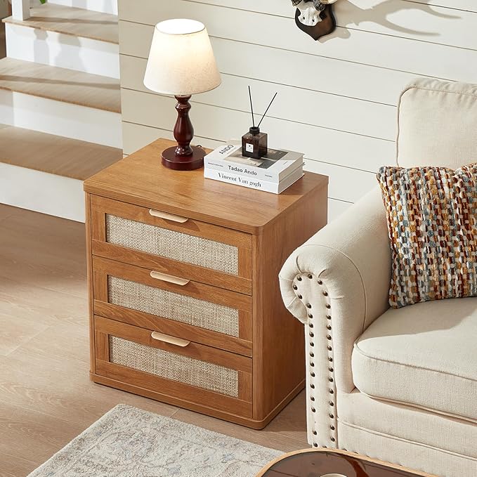 LEYAOYAO Rattan Dresser and Nightstand Set of 2, Boho Wood Dresser for Bedroom with 6 Drawers and Night Stand with 3 Drawer, Bedroom Furniture, Dressers & Chests of Drawers, Living Room, Hallway