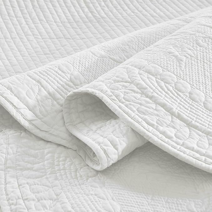 MarCielo 100% Cotton Quilt Set - 3-Piece Embroidered Farmhouse Bedspread & Shams, All-Season Breathable Bedding(TG Bright White,King)