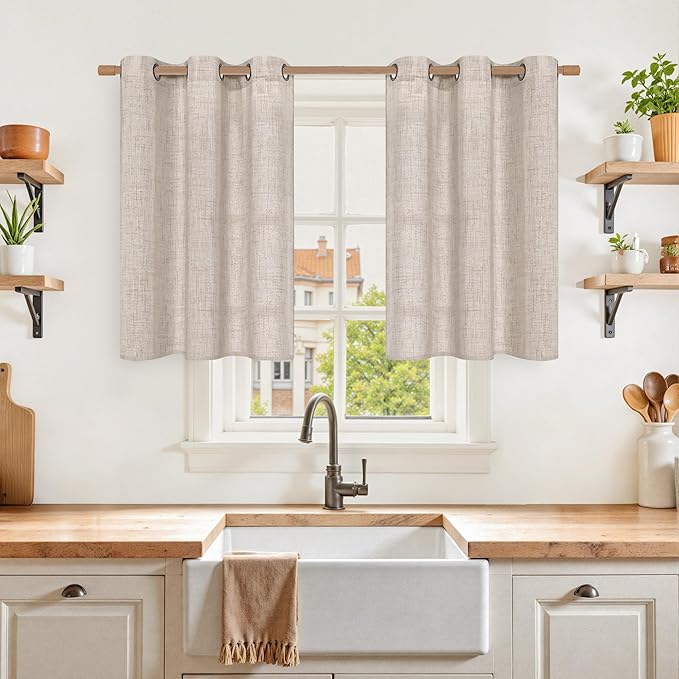 YoungsTex Short Linen Curtains 36 Inch Length for Kitchen Window 2 Panels - Small Semi Sheer Drapes Light Filtering with Bronze Grommet Netural Rustic for Cafe Bathroom, 42 X 36 Inch