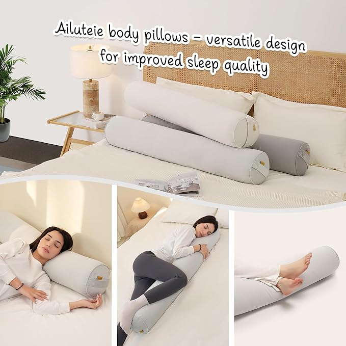 Long Pillow for Bed – Round Bolster Pillow for Adults, Body Pillow for Sleeping, Ergonomic Support,39.37x 7.87 Inches,Silver Gray