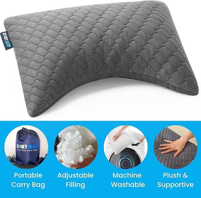 Sidney Sleep Set of 2 Mini Travel Size Neck Pillows - Knee Pillow - Back Lumbar Support - Curved Bed Pillow - 14 x 19 Inches - Adjustable Loft - Carry Backpack Included (Grey 2 Pack Mini)