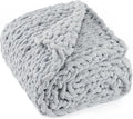 Chunky Knit Throw Blanket 50"X 60", 100% Handmade with Soft Chenille Yarn, 4.4lbs Thick Cable Knitted Blankets, Large Rope Knot Crochet Throws for Couch Sofa Bed Home Decor, Light Grey