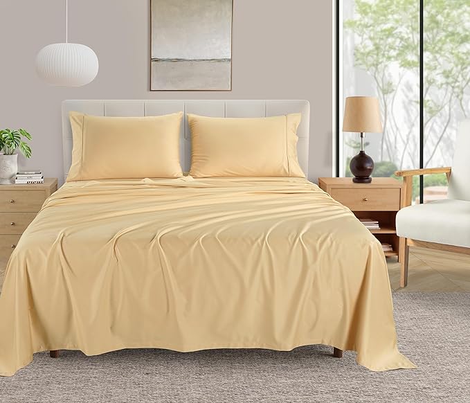 CHATEAU HOME COLLECTION 400 Thread Count Cal King Bed Sheets, 100% Egyptian Cotton Sheet & Pillowcase Sets, Soft Sateen Weave Naturally Cooling Sheets Deep Pockets Fits Upto 17"- Semolina