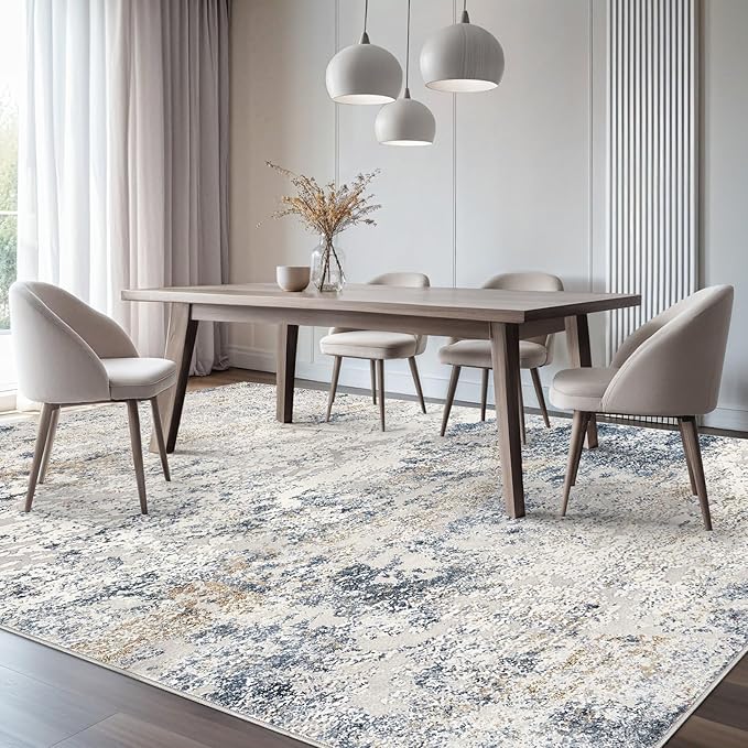 Area Rug Living Room Rugs - 5x8 Abstract Large Soft Indoor Washable Rug Neutral Modern Low Pile Carpet for Bedroom Dining Room Farmhouse Home Office - Beige Blue