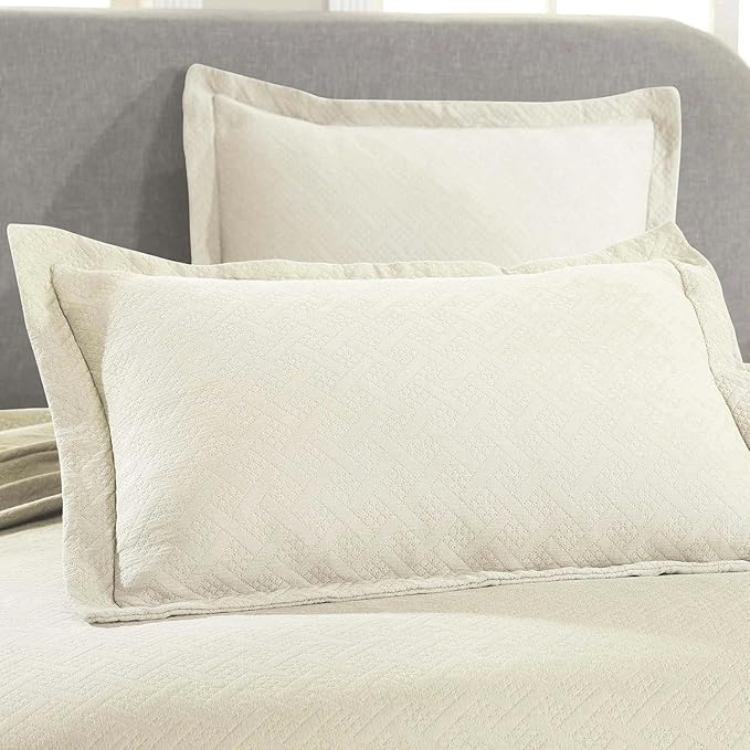 Superior 3 Piece Basketweave Cotton Bedspread Set, Home Bed Decor, Decorative Bed Spread, 2 Pillow Shams, Medium Weight Blanket, Matelasse Coverlet Bedding, Geometric Lattice Pattern, Queen, Ivory