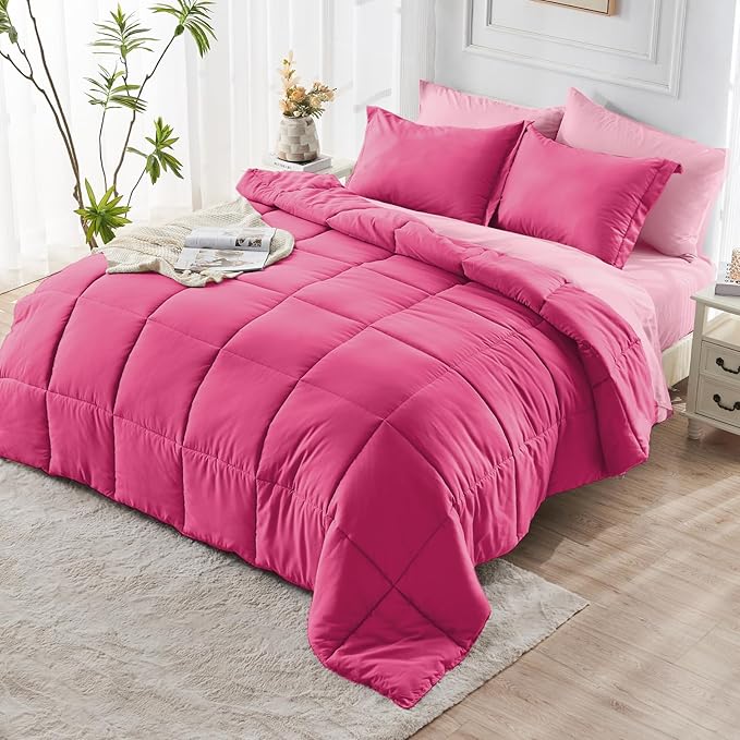 JOLLYVOGUE Full Comforter Set, Ultra-Soft Bed in a Bag Full Size 7 Pieces, Oeko-TEX Certified Bedding Set with Down Alternative Comforter, Sheets, Pillowcases & Shams, Hot Pink & Baby Pink