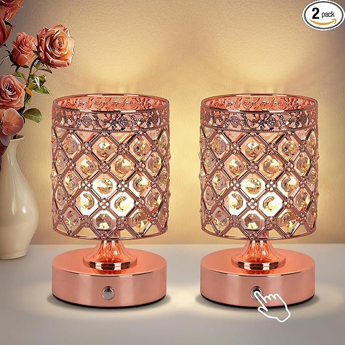 TOBUSA Crystal Rechargeable Cordless Table Lamps Set of 2, Wireless Lamps with 3 Color Temps & Stepless Dimming, Portable 6000mAh Battery Operated Lamps, Rose Gold Small Desk Lamps for Bedroom Bar