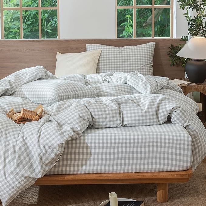 MooMee Gingham Duvet Cover Set 100% Washed Cotton Linen Like Textured Breathable Durable Soft Comfy Modern Checkered Design (Northern Droplet Grey Gingham, Oversized Queen 98"x98")
