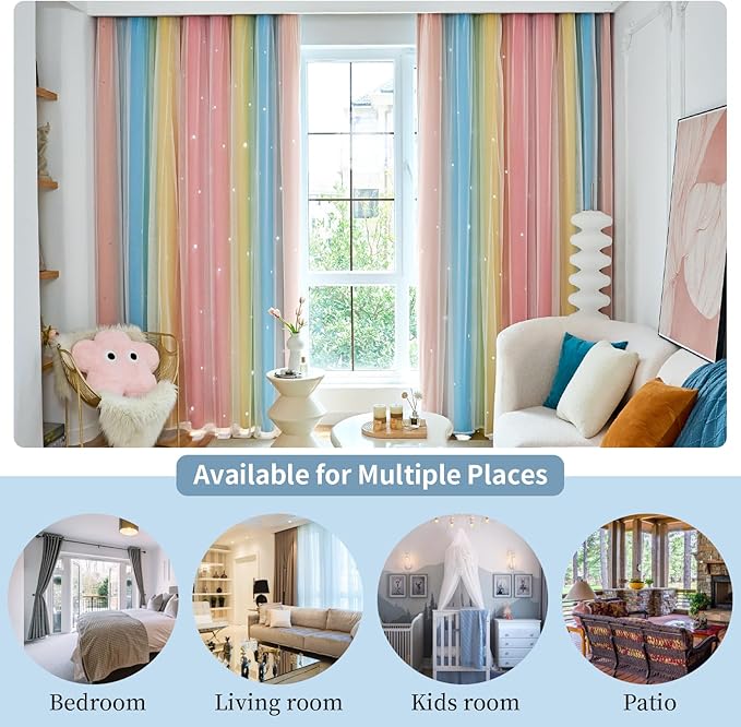 Star Curtains Blackout Curtains for Bedroom Cute Curtains Kids Curtains Rainbow Curtains, Curtains 72 Inches Long 2 Panels, Red & Yellow & Blue Curtains, 52 X 72 Inches