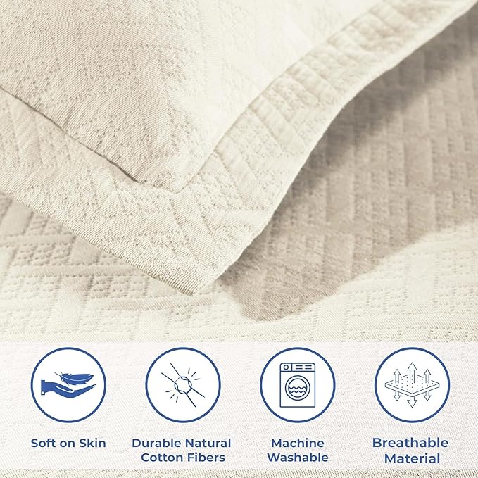 Superior 2 Piece Basketweave Cotton Bedspread Set, Home Bed Decor, Decorative Bed Spread, 1 Pillow Sham, Medium Weight Blanket, Matelasse Coverlet Bedding, Geometric Lattice Pattern, Twin, Ivory
