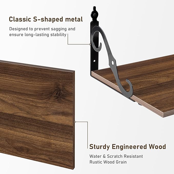 Dreamland Deep Floating Shelves, 16" W x 12" D Wall Shelves Set of 2, Wide Display Shelf Wall Mounted with Brackets, Bookshelf for Living Room, Bathroom, Bedroom, Walnut
