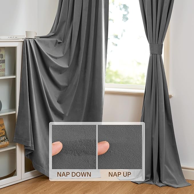 StangH Gray Velvet Curtains 96 inches - Bedroom Luxury Velvet Curtain Panels Blackout Draperies Heat Insulated Sliding Door Panel Drapes, 52 by 96 inches Long, 2 Panels