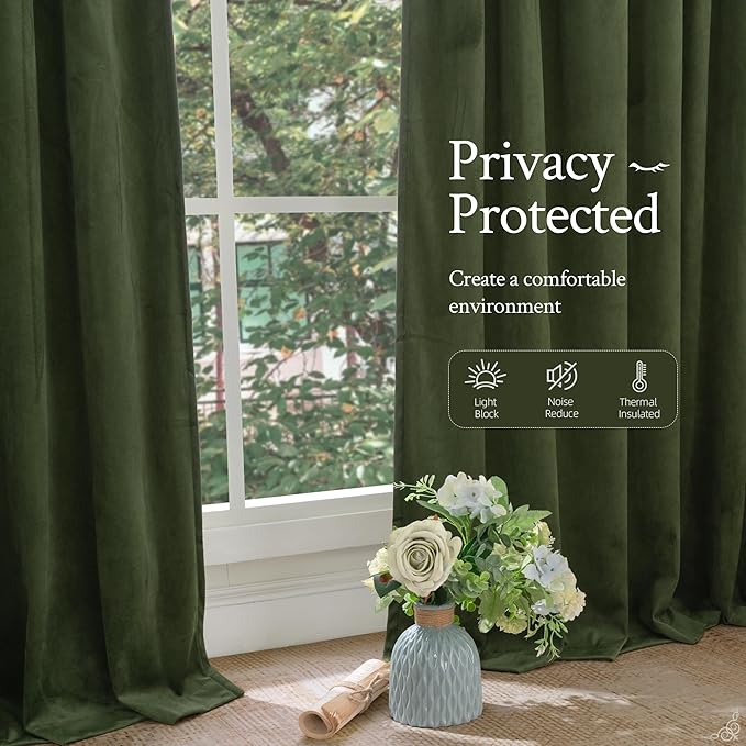 LAMIT Olive Green Velvet Curtains for Living Room 102 Inch Length, Room Darkeing Blackout Panels Luxury Thermal Insulated Back Tab and Rod Pocket Window Drapes for Bedroom, 2 Panels, 52 x 102 Inch