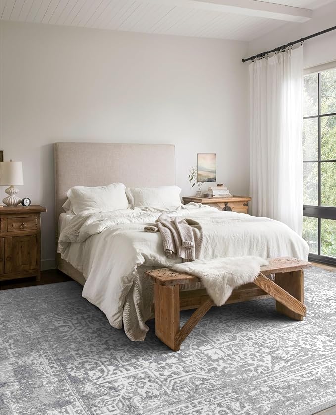 vivorug 3x5 Neutral Area Rugs, Stain Resistant Washable Rug for Living Room, Vintage-Inspired (Ivory/Silver, 3'x5')