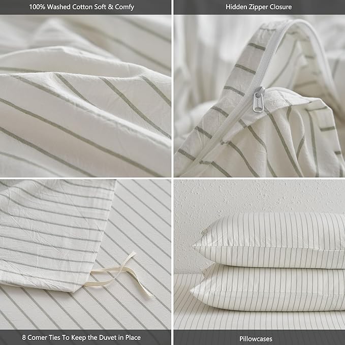 MooMee Striped Duvet Cover Set 100% Washed Cotton Linen Like Textured Breathable Durable Soft Comfy (White Sage Green Wide Stripes, King 104"x90")