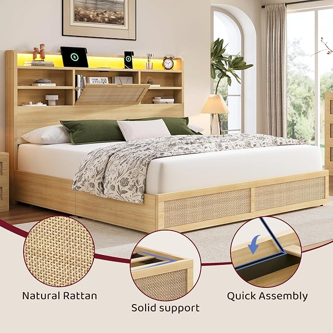 Queen Size Rattan Bed Frame with 4 Storage Drawers and Hidden Storage Headboard Wooden Platform Bed Frame with LED Lights and Charging Station, No Box Spring Needed, Easy Assembly, Natural