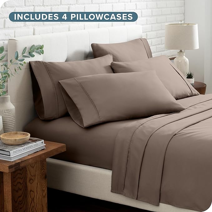 Bare Home Hotel Luxury Full XL Sheet Set, Extra Soft - 6 Piece Set - Deep Pockets - Easy Fit - Cooling & Breathable - Wrinkle, Fade, Stain Resistant - Includes 4 Pillowcases (Full XL, Taupe)