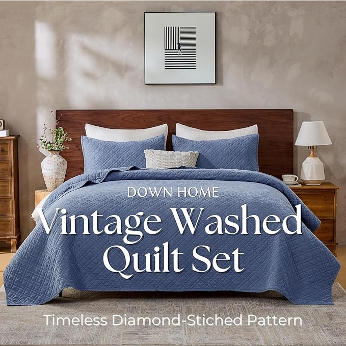 DOWN HOME Queen Quilt Set with Shams Lightweight Quilted Bedspread Coverlet Thin Comforter Bed Cover Vintage Washed Quilted Blanket for All Season, Brushed Microfiber Diamond Stitching, Blue, 88"x92"