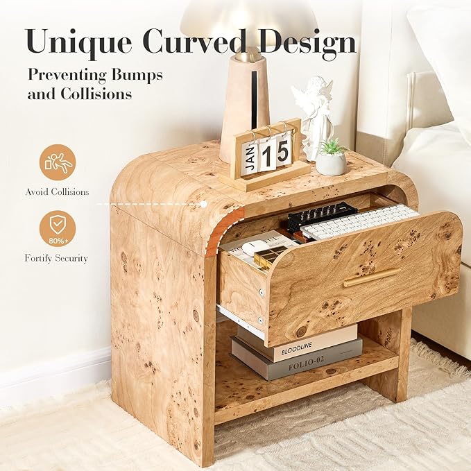 Night Stand [Unique Curved Profile] [FSC-Certified Wooden Board] 1-Drawer and 1 Storage Shelf Nightstand 24" H Metal Handle Modern Bedside Table Side Table End Table