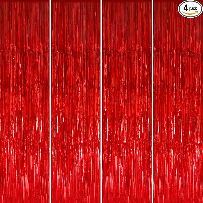 GOER 3.2 ft x 8.2 ft Metallic Tinsel Foil Fringe Curtains Party Photo Backdrop Party Streamers for Birthday,Graduation,New Year Eve Decorations Wedding Decor (4 Packs,Red)
