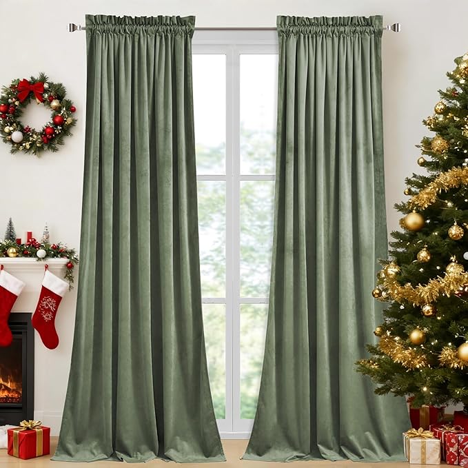 StangH Sage Green Velvet Curtains - Modern Thermal Insulated Drapes for Office, Heavy Soft Curtains with Noise Reduction for Sliding Door, W52 x L92, 2 Panels