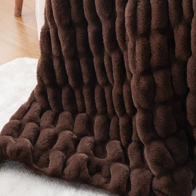 BATTILO HOME Rust Brown Faux Fur Throw Blanket for Bed, Large Double Side Reversible Ruched Rabbit Fur Blanket for Couch, Living Room, Soft Warm Mink Cozy Blanket, 60x80 Inch