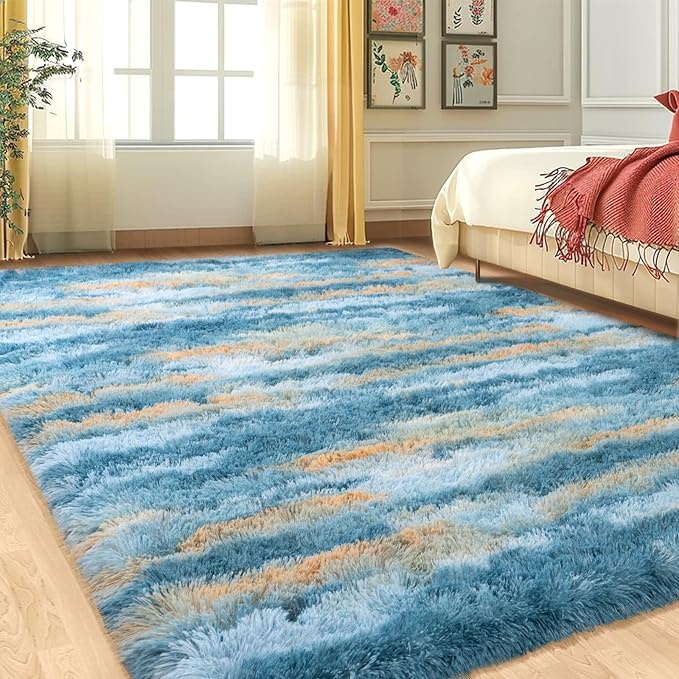 Fluffy Rugs for Living Room Bedroom, 5x7 Feet Abstract Blue Shag Area Rugs, Non-Slip Indoor Modern Fuzzy Plush Floor Carpet for Dorm Nursery Kids Room Decor, Soft Shaggy Throw Rug