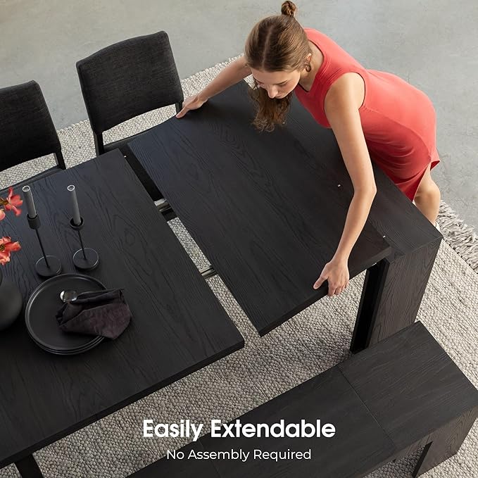 Transformer Table - Solid Wood Extendable Dining Table, Seats 2-12, Extendable Dining Room Table, Space-Saving Furniture, Expandable Dining Furniture (Black, Table + Bench + 4 Chairs)