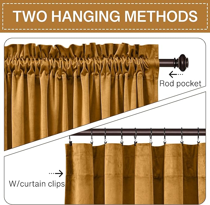 StangH Mustard Gold Velvet Curtains 92 inches Stylish Room Darkening Drapes for Living Room, Soft Thermal Insulated Curtains for Bedroom, Vibrant Home Decor, W52 x L92, 2 Panels