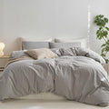 MooMee Striped Duvet Cover Set 100% Washed Cotton Linen Like Textured Breathable Durable Soft Comfy (Light Grey White Wide Stripes, Twin 68"x90")