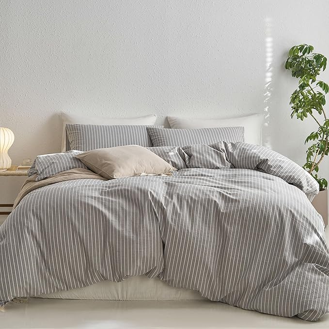 MooMee Striped Duvet Cover Set 100% Washed Cotton Linen Like Textured Breathable Durable Soft Comfy (Light Grey White Wide Stripes, Queen 90"x90")