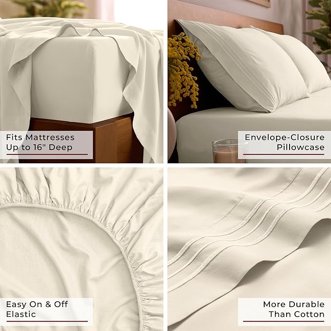 Mellanni Full Sheet Set - 6-Piece Iconic Collection Bedding, (Including 4 Pillowcases), 16-Inch Deep Pocket, Easy Care, Extra Soft, Cooling Sheets, Brushed Microfiber - Golden Ivory