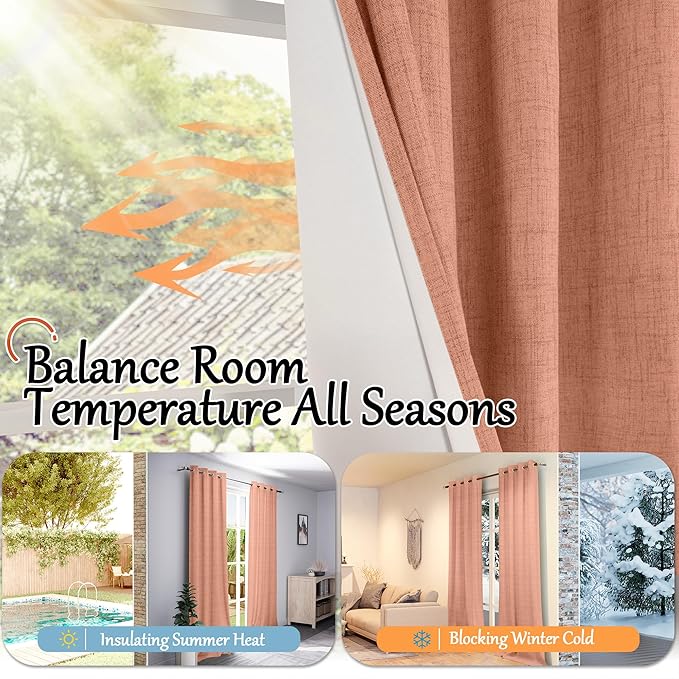 Terracotta 100% Linen Blackout Curtains for Living Room 63 Inch Long 2 Panels, Thermal Insulated Noise Reducing Window Total Black Out Fall Curtains for Bedroom, Each 52x63 Inch 2 Panels