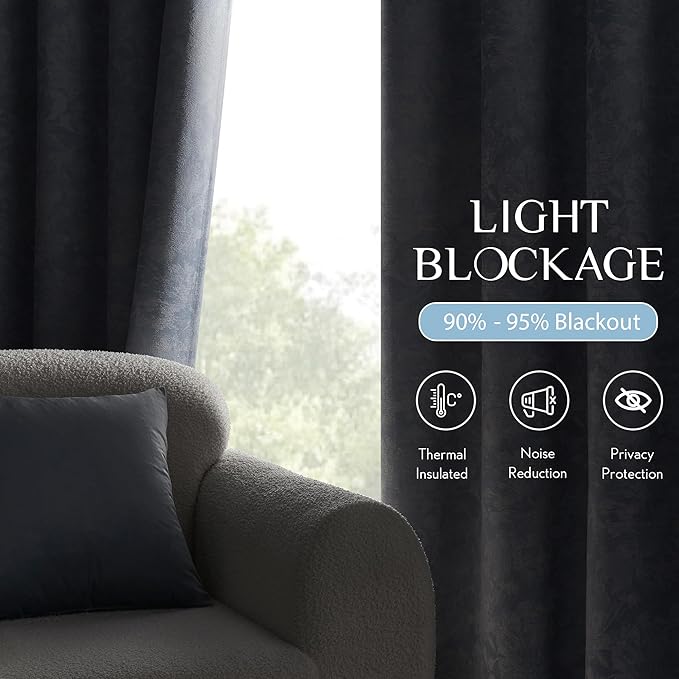 Beauoop Blue Floral Jacquard Blackout Curtains 108 Inches Long 2 Panels for Bedroom Living Room Chenille Flower Room Darkening Thermal Insulated Soundproof Grommet Window Treatments Drapes, 52x108