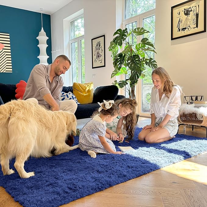 OLANLY 8x10 Machine Washable Large Area Rugs for Living Room, Bedroom, Soft Fluffy Shaggy Bedside Rug, Indoor Floor Carpet for Kids Girls and Boys, Dorms, Nursery, Home Decor Aesthetic, Navy Blue