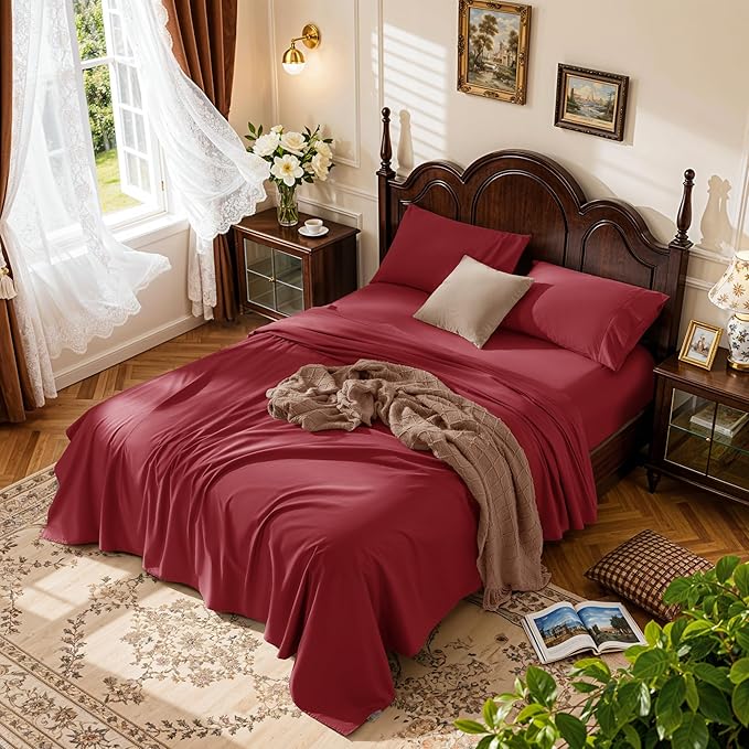 LBRO2M 1000 Thread Count 100% Egyptian Cotton Sheets Set California King Size, 4 Piece Sets Bed Sheet Deep Pocket Sheet Set 16" Soft Comfortable All Season (California King, Burgundy)