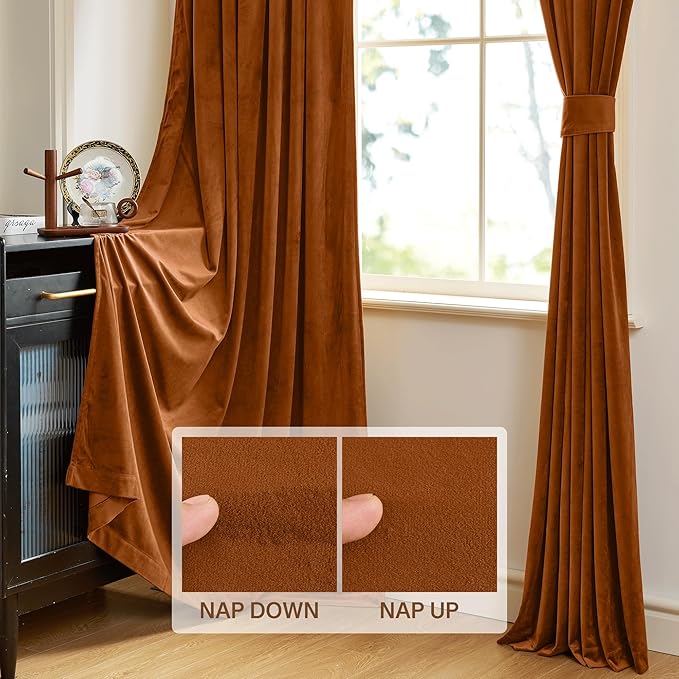 StangH Curtains 96 inches Long Burnt Orange Velvet Blackout Thermal Insulated Sliding Door Drapes Rod Pocket Privacy Room Dividers for Bedroom/Living Room, W42 x L96, 2 Panels