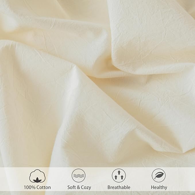 MooMee Fitted Bottom Sheet Only 100% Washed Cotton Linen Like Textured Breathable Durable Soft Comfy Deep Pocket Fits Mattress up to 17" (Cream White, Queen)